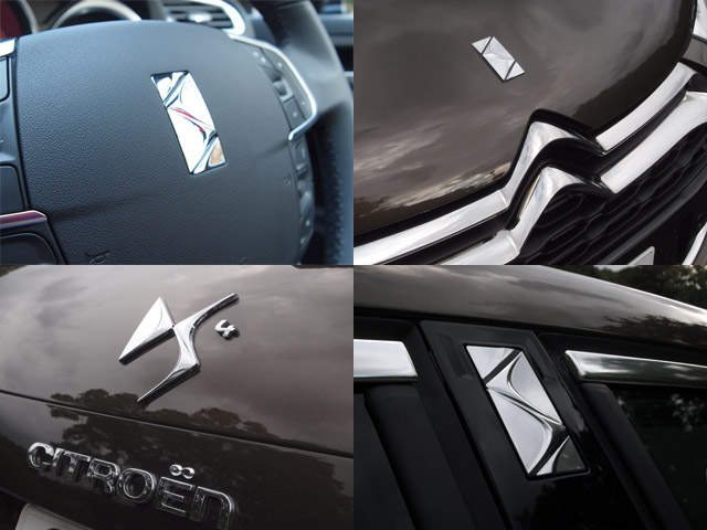 各所のDSマーク。右上から時計回りに、フロント、Bピラー、リアエンブレム、ステアリング。