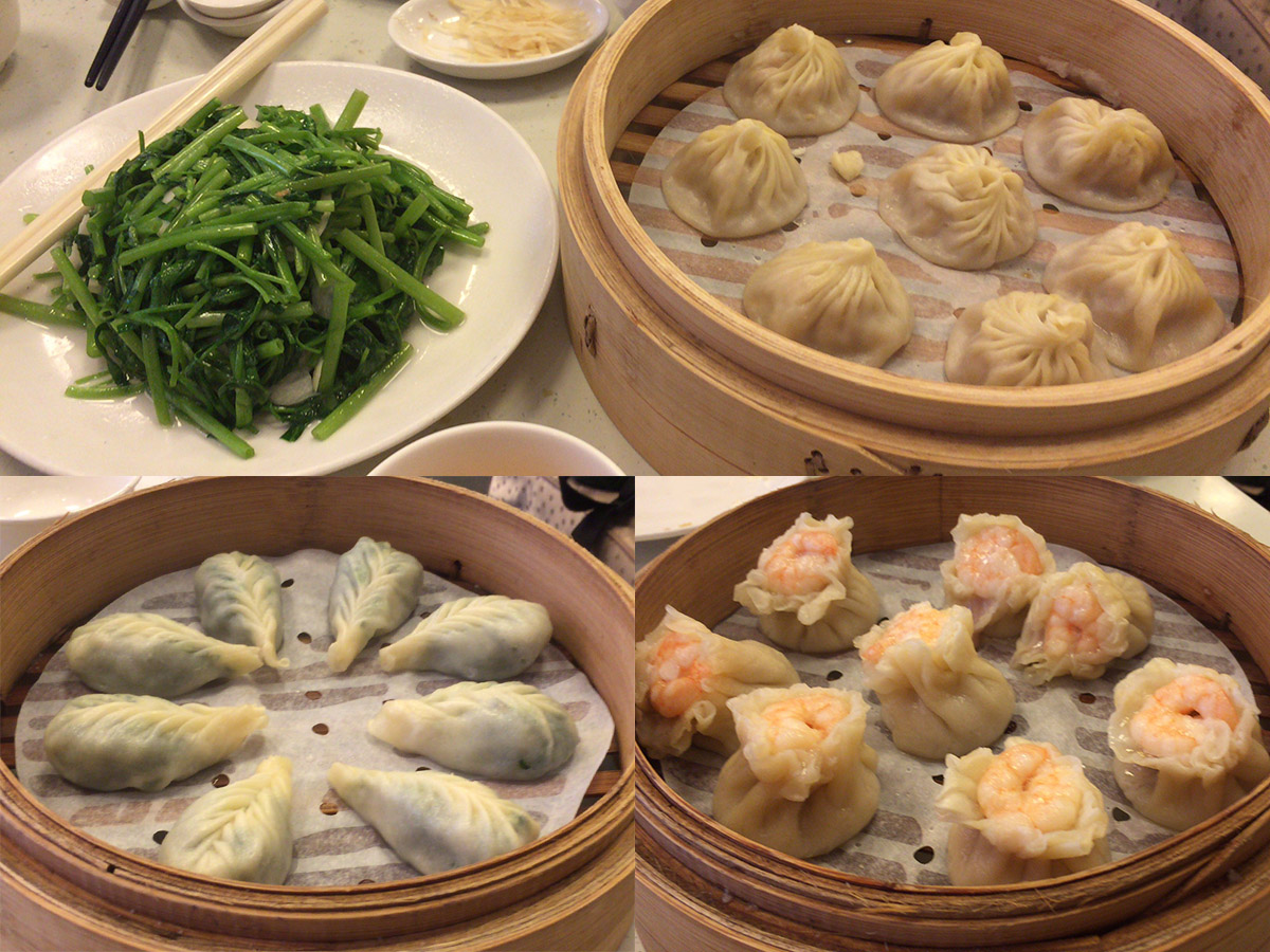 右上から時計回りに、小籠包、エビ焼売、野菜蒸し餃子、空芯菜炒め。一品写真失念。
