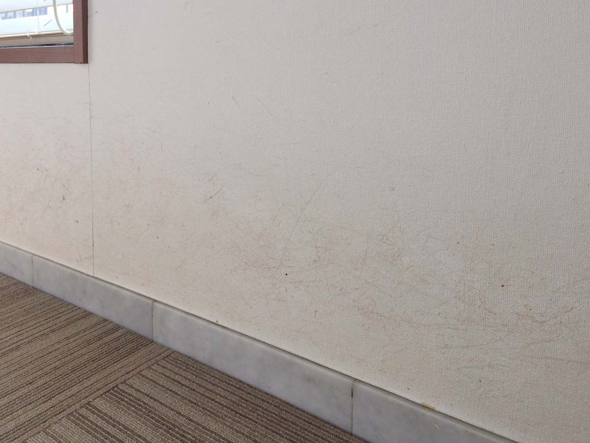 ビフォー。一面傷と汚れだらけ。犬が擦った結果、壁紙同士の間も広がってしまっている。よくこのまま放置したものだと思う。
