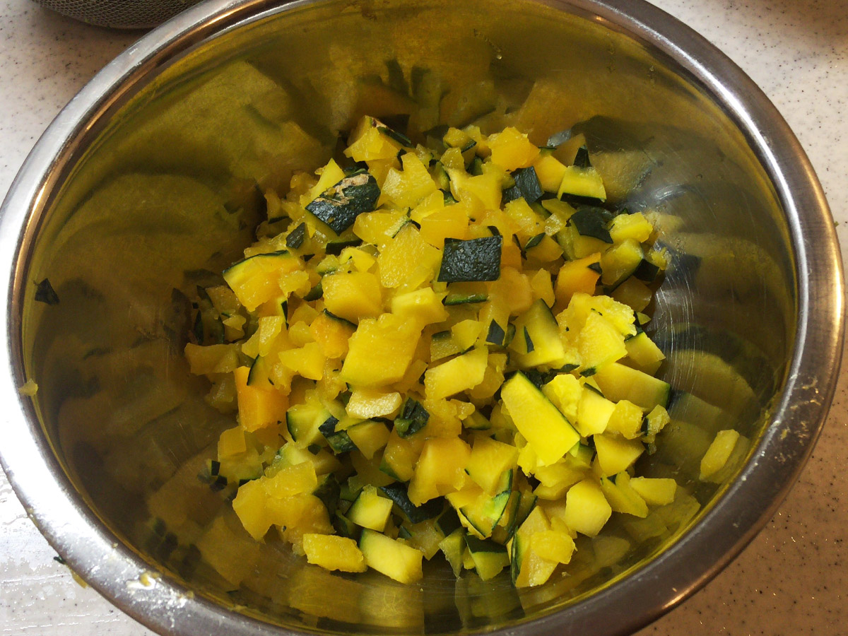 かぼちゃは電子レンジにかけて柔らかくしてから刻むと楽。うちの場合はレンジに根菜コースを使って仕上がり弱で設定し、それから刻んだ。