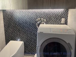 トイレと洗濯機の背面はアクセントカラーの壁紙に。