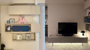 オープンシェルフも壁面収納の会社に依頼して造り付けた。