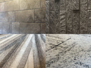 右上から時計回りに玄関の壁、LDK+DENのカーペット、リビングのラグ、ダイニングの壁。