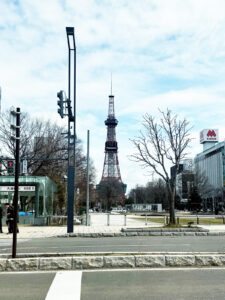 移動中のタクシーから大通公園向こうのテレビ塔を臨む。