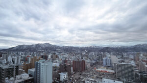 部屋からの眺め。高層階で眺めはよかった。山間にはまだ雪が残る。