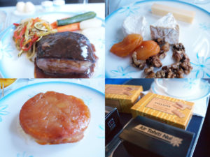 帰りの便。鴨の胸肉、チーズ、タルトタタン、食事を終えて読書中に出してもらったフォションのクレープとチョコレートとコーヒー。