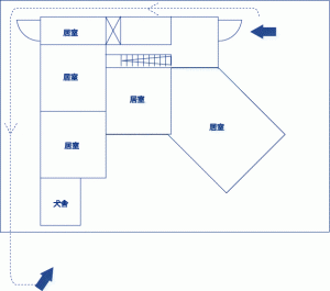 こちらの見取り図参照　現存する家のため、1階のみを簡略化して図示